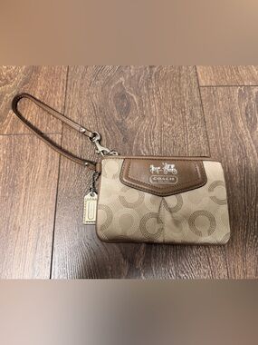 Coach Beige and Brown Signature Wristlet Wallet